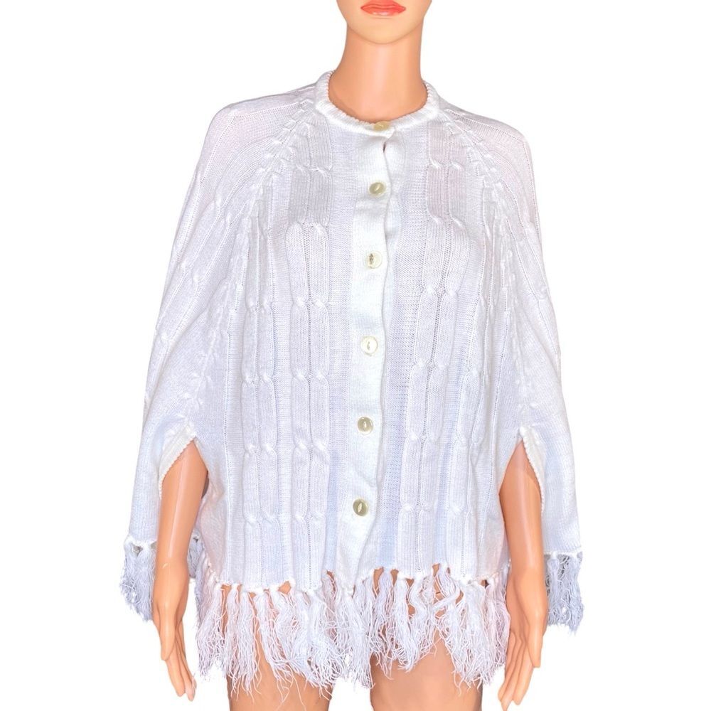 Fringed Poncho Vintage Festival Boho Revival White Arm Holes One Size Fits Most
